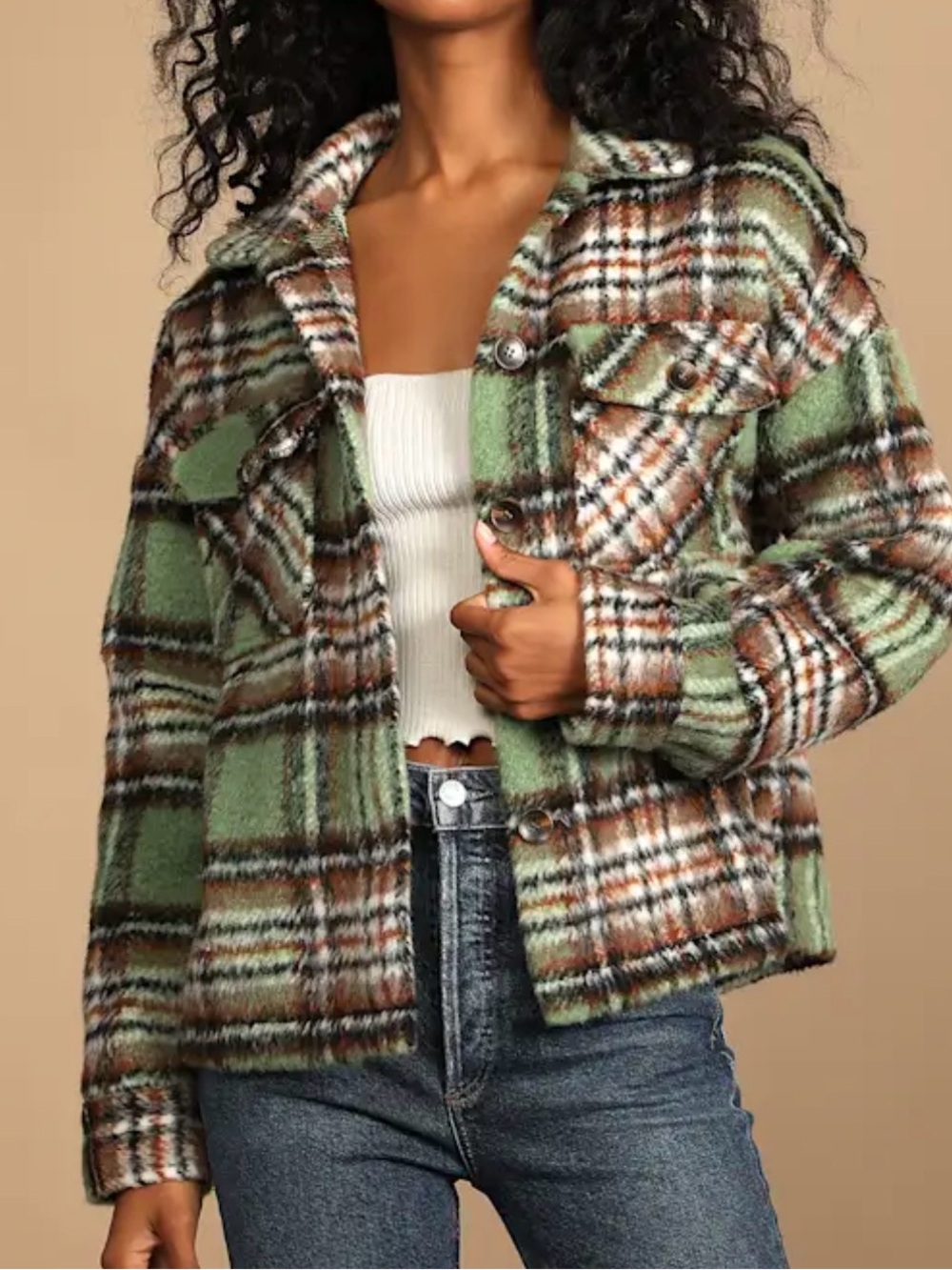 Lulus Women’s Sit Fireside Green Plaid Shacket Size XS